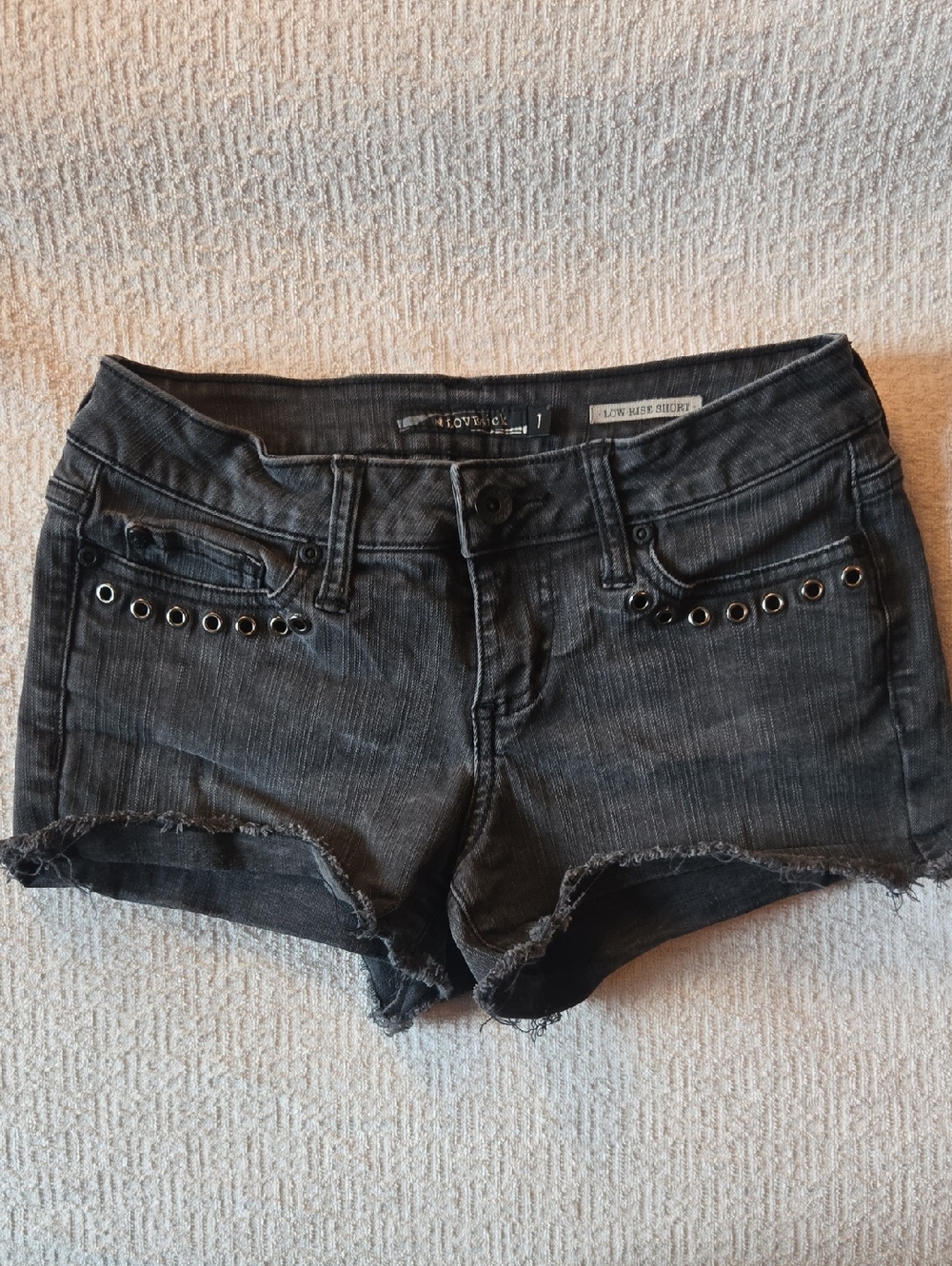 Lovesick Black Low-Rise Distressed Eyelet Denim Shorts